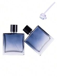 1 pieza Botella de decantación de perfume de vidrio cuadrada y plana de alto nivel con degradado de color de 100 ml y pulverizador, que incluye herramienta de transferencia de perfume - Celeste - Ver 2