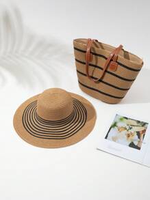 1pc Women's Wide Brim Sun Hat + 1pc Women's Fashionable Woven Straw Bag - Khaki - View 1