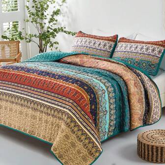 3 Pieces WONGS BEDDING Boho Queen King Quilt Sets, Yellow Orange/Green/Blue/Purple/Yellow/Grey Bohemian Quilt Bedding Set, Lightweight Microfiber Bed Decor Bedspread For All Season