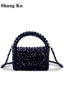 Mini Beaded Satchel Bag Top Handle - Black - View 3