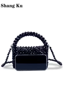 Mini Beaded Satchel Bag Top Handle - Black - View 7