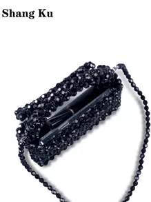 Mini Beaded Satchel Bag Top Handle - Black - View 8