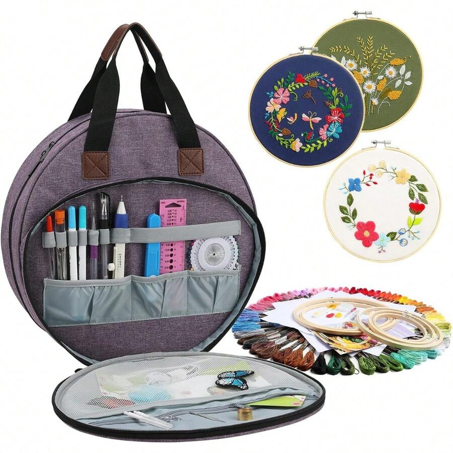 Bolso grande y multifuncional para guardar suministros de bordado, con gran capacidad de almacenamiento para proyectos de bordado - Círculo Púrpura - Ver 1