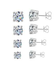 1pair Genuine 925 Sterling Silver Cubic Zirconia Gemstone Round Stud Earrings For Women Girls Men Unisex Jewelry Gift - White - View 9