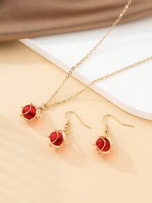 Conjunto de Colar e Brincos de Bola de Vidro Vermelho Vinho Doce de Moda para Mulheres