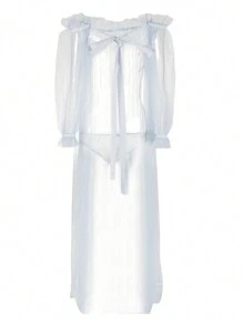 Sexy Lingerie Sheer Mesh Off-Shoulder Loose Long Dress 2-Piece Set - Dusty Blue - View 7