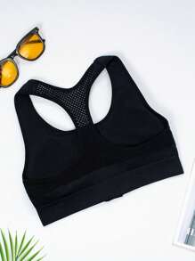 EMUPER 1pc Women's Black Zipper Padded Seamless Elastic Sports Bra - Black - View 6
