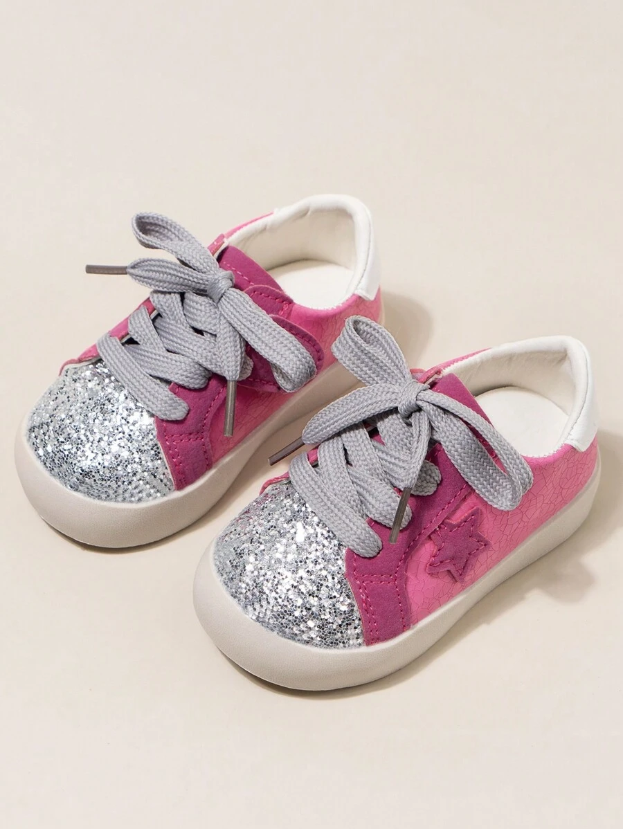 可愛且多功能的嬰幼兒女童柔軟舒適運動鞋，帶有亮片皮革鞋面 - 玫紅色 - 查看 1