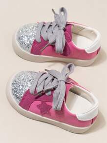 可愛且多功能的嬰幼兒女童柔軟舒適運動鞋，帶有亮片皮革鞋面 - 玫紅色 - 查看 3