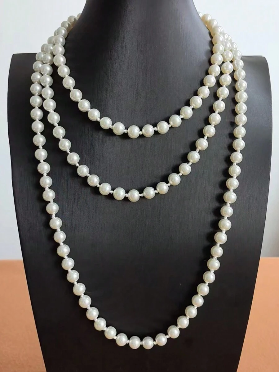Long Glass Pearl Necklace, White, Can Be Worn In Multi-Layers - White - View 1