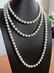 Long Glass Pearl Necklace, White, Can Be Worn In Multi-Layers - White - View 3