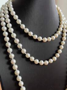 Long Glass Pearl Necklace, White, Can Be Worn In Multi-Layers - White - View 5