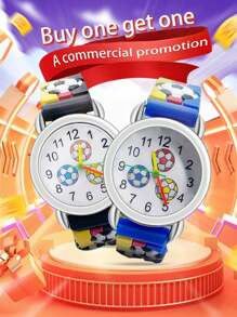 2pcs New Design Sports Football Casual Unisex Quartz Wristwatch For Kids, Suitable For Daily Wear And Festive Gifts - Multicolor - View 1