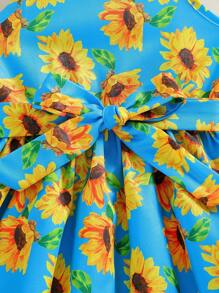 2pcs Young Girl Sunflower & Hawaiian Holiday Style Strap Dress With Belt And Hat, Perfect For Festivals, Holidays, Beaches Etc. In Spring/Summer - Blue - View 4