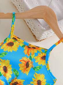 2pcs Young Girl Sunflower & Hawaiian Holiday Style Strap Dress With Belt And Hat, Perfect For Festivals, Holidays, Beaches Etc. In Spring/Summer - Blue - View 3