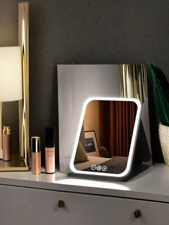 1pc Portable LED Lighted Makeup Mirror, 360-Degree Rotation Touch Screen Cosmetic Mirror, 3 Adjustable Light Colors, Type-C Charging Foldable Desktop Cosmetic Mirror, Travel Mirror, Ambiance Lighting For Easy Makeup