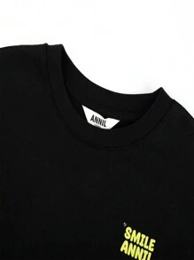 Annil 青少年女孩穿圆领字母印花短袖针织 T 恤夏季新款休闲上衣百搭 - 黑色 - 查看 3