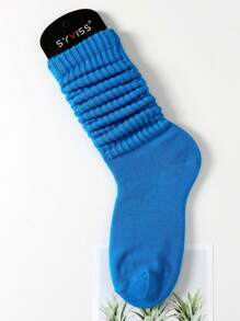 1pair Women's Spring/Summer Korean Style Cute Pile Socks, College/Lolita/Simple/Sporty Style Solid Over Knee High Socks (Without Sock Board), Fall - Blue - View 5