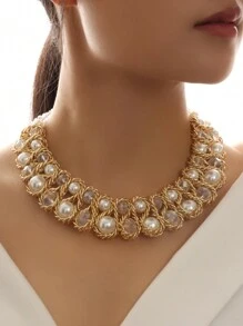 1pc Fashionable Crystal Pearl Beaded Double Row Necklace For Women