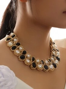 1pc Fashionable Crystal Pearl Beaded Double Row Necklace For Women