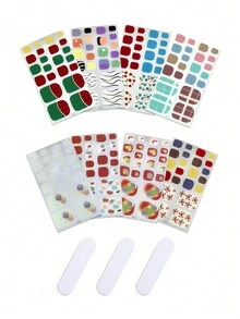 8片彩色腳趾甲條紋自粘腳趾甲貼紙，修飾美甲設計貼花贴完整套件，供女性、女孩美甲DIY使用，含3片指甲磨光板 - 玫瑰紅 - 查看 3