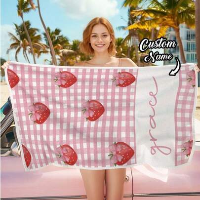 1pc Custom Beach Towel, Custom Name Beach Towel, Peach, Strawberry, Watermelon Beach Towel, 70*140cm, 80*130cm, Perfect For Outdoor Beach Travel Swimming Gym Yoga, Beach Accessories, Perfect For Men & Women, Anniversary Gift, Birthday Gift, Mother's Day Gift, Father's Day Gift, Best Friend Gift, Gift For Girlfriend/Boyfriend