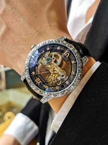 AOKULASIC Luxury Men's Automatic Mechanical Skeleton Design Waterproof Leather Strap Watch For Men - Black - View 4
