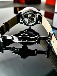 AOKULASIC Luxury Men's Automatic Mechanical Skeleton Design Waterproof Leather Strap Watch For Men - Black - View 8