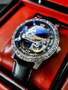 AOKULASIC Luxury Men's Automatic Mechanical Skeleton Design Waterproof Leather Strap Watch For Men - Black - View 1