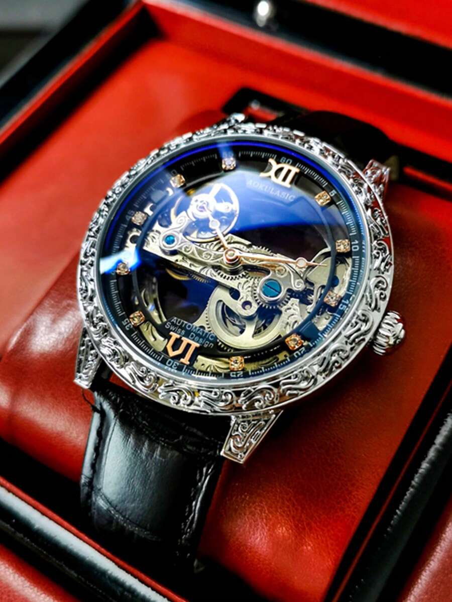AOKULASIC Luxury Men's Automatic Mechanical Skeleton Design Waterproof Leather Strap Watch For Men - Black - View 1