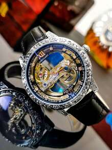 AOKULASIC Luxury Men's Automatic Mechanical Skeleton Design Waterproof Leather Strap Watch For Men - Black - View 2