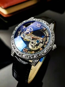 AOKULASIC Luxury Men's Automatic Mechanical Skeleton Design Waterproof Leather Strap Watch For Men - Black - View 3