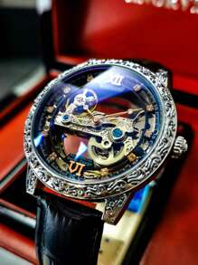AOKULASIC Luxury Men's Automatic Mechanical Skeleton Design Waterproof Leather Strap Watch For Men - Black - View 6