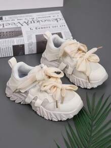 Sapatilhas Chunky de Malha com Laço de Moda Primavera para Crianças, Leves, Respiráveis, Anti-derrapante com Sola Macia para Sapatos Atléticos Casuais ao Ar Livre para Meninas Pequenas