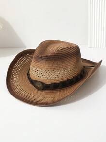 1pc Women's Handmade Mixed Color Star & Bow Decor Western Cowboy Hat, Unisex Breathable Straw Sun Hat For Travelling, Bohemian Style, Party, Casual, Suitable For Daily Use - Multicolor - View 3