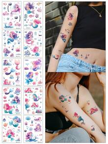 临时纹身贴纸 - 10 张装，图案包括可爱公主、海底世界动物、贝壳、海草、鱼，非常适合时尚领袖 - 彩色 - 查看 4