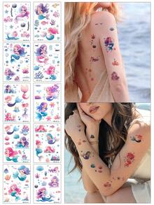 临时纹身贴纸 - 10 张装，图案包括可爱公主、海底世界动物、贝壳、海草、鱼，非常适合时尚领袖 - 彩色 - 查看 1