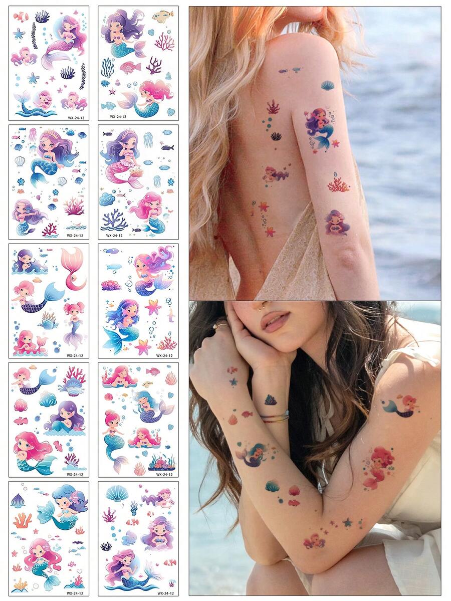 临时纹身贴纸 - 10 张装，图案包括可爱公主、海底世界动物、贝壳、海草、鱼，非常适合时尚领袖 - 彩色 - 查看 1
