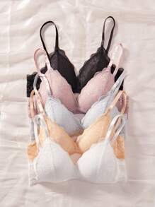 5 PIEZAS Sujetador tipo bralette cómodo y suave de encaje sin varillas, ropa interior de color sólido
