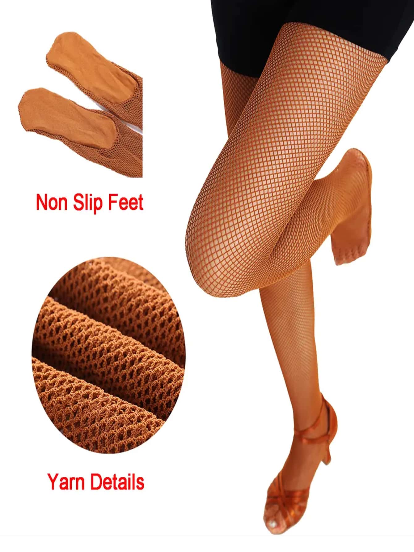New Professional Hard Mesh Solid Latin Dance Fishnet Stockings Competition Special Pantyhose Sole Non Slip Bone Line Oxford Tights - Camel - View 1