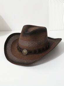 1pc Women's Handmade Mixed Color Star & Bow Decor Western Cowboy Hat, Unisex Breathable Straw Sun Hat For Travelling, Bohemian Style, Party, Casual, Suitable For Daily Use - Multicolor - View 2