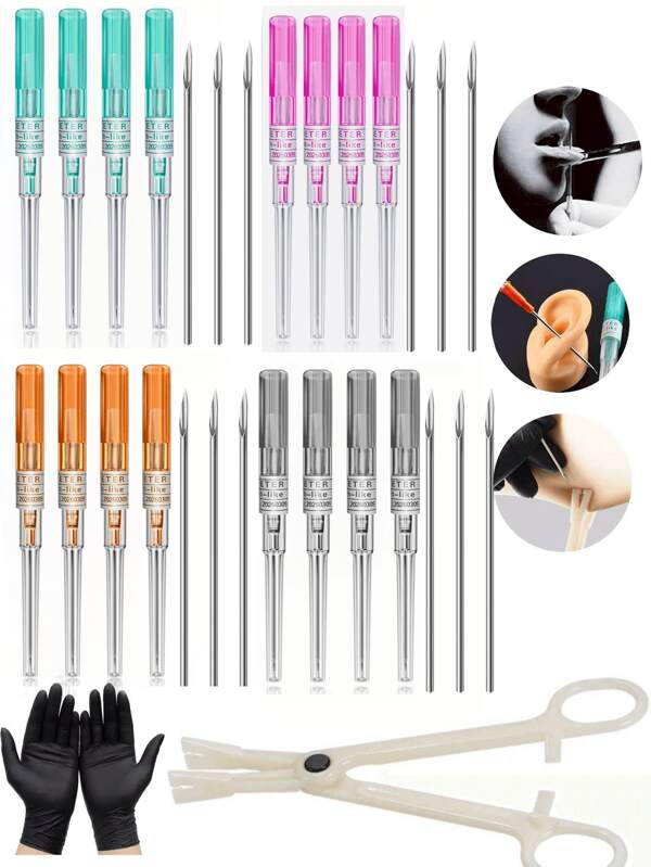 9pcs/Set Sterile Mixed Size Stainless Steel Piercing Tools. 7pcs Piercing Tools + 1 Tweezers + 1 Pair Gloves To Handle (14G 16G 18G 20G) IV Catheter Sealing Papers, Random Color & Text. Hollow Piercing Hole, Suitable For Men & Women Ear, Nose, Navel, Lip, Eyebrow, Tongue, Soft Tissue Piercing Beauty Tools