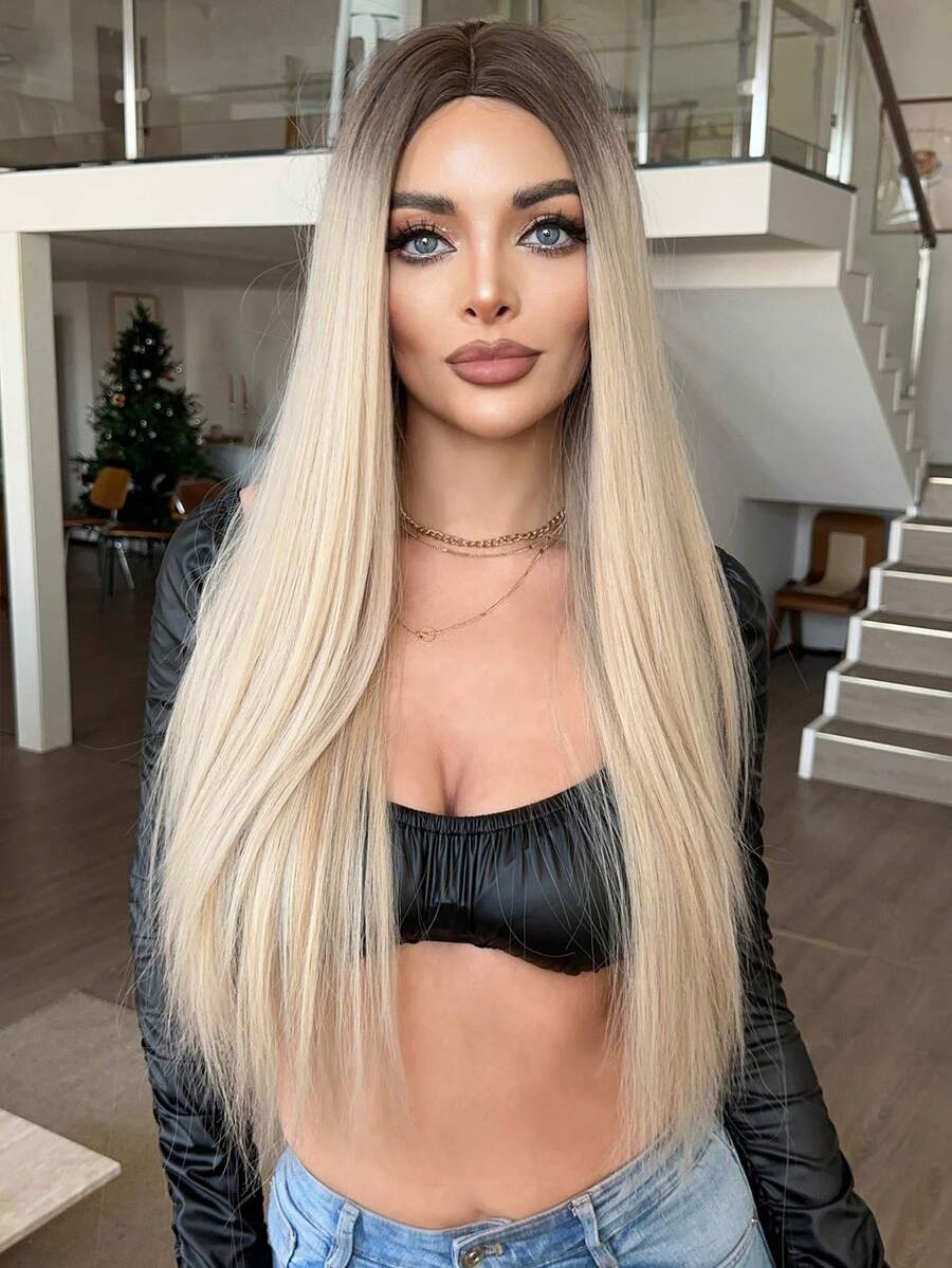 NICKY WALL Peluca sintética larga y recta de 32" con raíces oscuras, color rubio blanco, raya al medio, fibra resistente al calor, ideal para uso diario, fiestas y actuaciones en el escenario