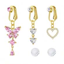 2-3pcs Pink Fake Belly Ring Clip On Belly Button Rings Stainless Steel Fake Earrings Diamond Dangle Non Piercing Belly Piercing Jewelry With Pain Relieving Silicone Pads