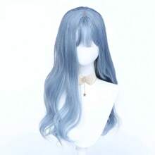 Synthetic Long Wavy Blue Women Wig With Bangs Fluffy Lolita Cosplay Daily Party Wig Heat Resistant Fiber - Blue - View 1