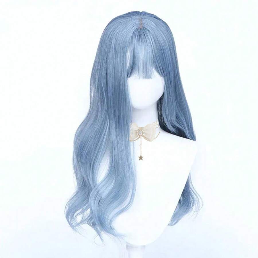 Synthetic Long Wavy Blue Women Wig With Bangs Fluffy Lolita Cosplay Daily Party Wig Heat Resistant Fiber - Blue - View 1
