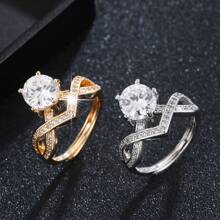 1pc Copper Micro-Inlaid Zirconia Ring, Unique Korean Design, Lightweight Luxury Open Finger Ring For Women, Suitable For Wedding & Party - JZ23380 - View 12