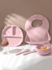 PopLittleOne 5PCS Baby Silicone Tableware Sets Adjustable Bib Suction Plate Bowl Soft Spoon Fork Non-Slip Food Storage Feeding Training Dinner Set - Pink - View 8