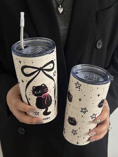 1 件 20 盎司/600 毫升黑色蝴蝶结猫双层真空隔热不锈钢马克杯、咖啡杯、水瓶、露营杯、高端节日礼物、生日礼物，采用 304 不锈钢制成（不含吸管）返校