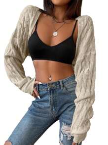 Womens Long Sleeve Open Front Crop Cardigan Sweater Drop Shoulder Shrugs Knit Bolero Sweaters Tops Outwear - 灰杏仁 - 查看 1